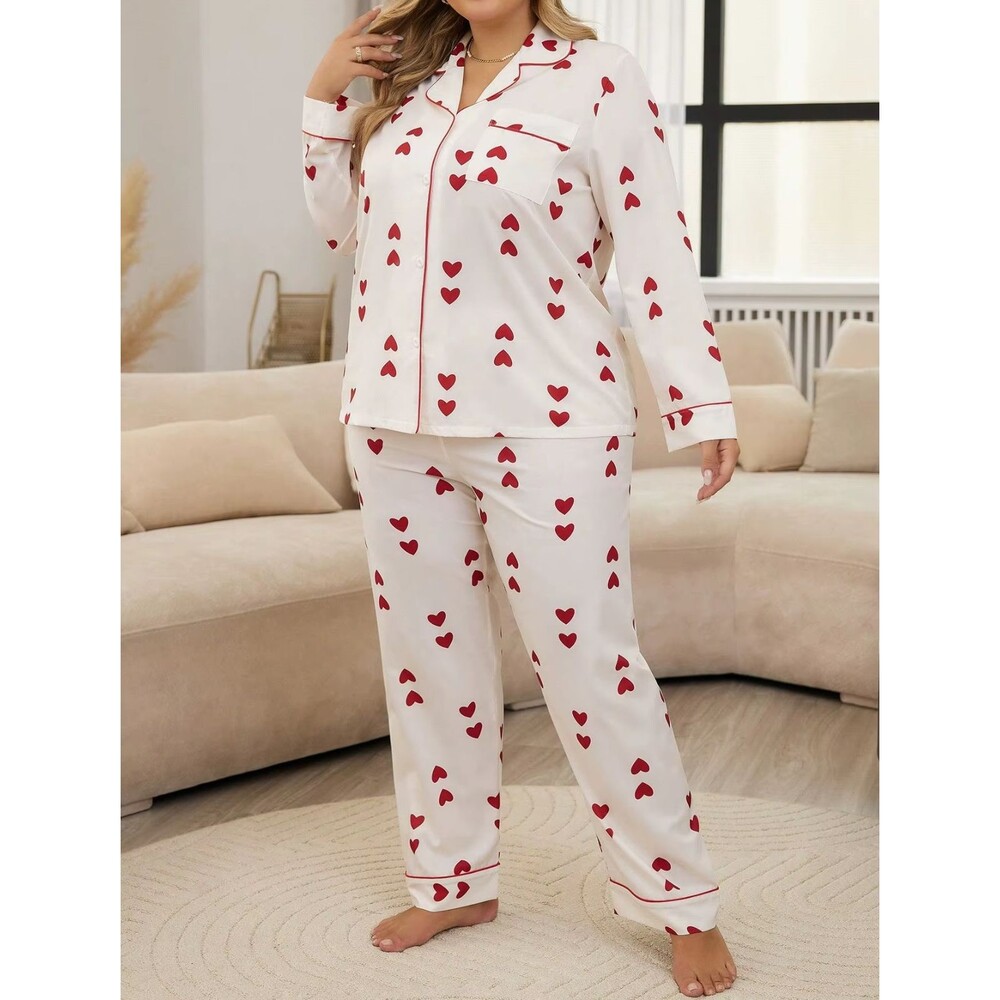 Womens 2XL White Print Pajama Set Button Up Long Sleeve Shirt Pants 2pc Casual